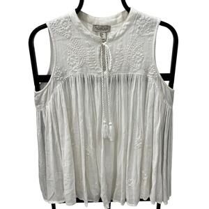 Rachel Zoe Women's SM Floral Embroidered Boho White Sleeveless Peasant Blouse